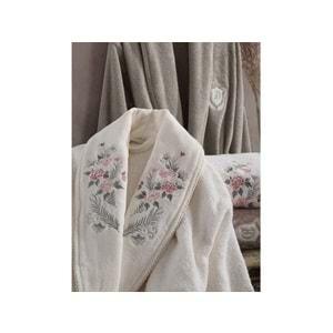 Dantela 6 Prç Nakışlı Penye Aile Bornoz Seti-Larosa Krem- bej