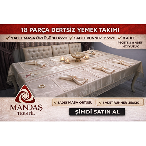 Mandaş Dertsiz kumaş 10 kişilik parlak yüzüklü yemek seti krem