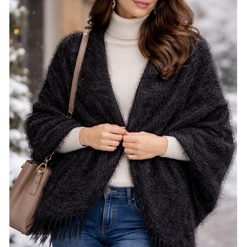 Mandaş Style El Dokuma Angora Bayan Şalı-Siyah