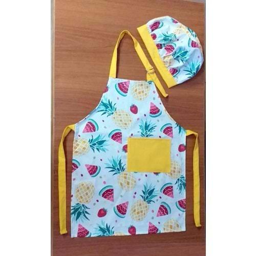 Şapkalı Çocuk Mutfak Önlüğü, Etkinlik Önlüğü, Aşçı Önlüğü-v17 Sarı Ananas