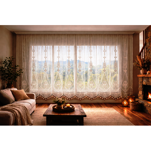 Buldan Tül Perde El İşi Dantelli Naturel Makrome Palmiye Desen(200x190)