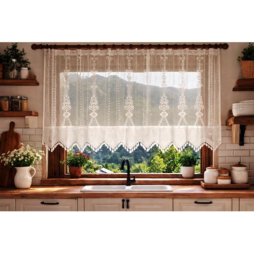 Buldan Tül Perde El İşi Dantelli Naturel Makrome Palmiye Desen(250x150)