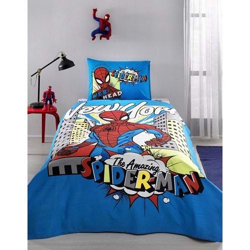 Özdilek Lisanslı Fitted Çarşaflı Tek Kişilik Çocuk Pike Takımı-Spiderman New York Mavi