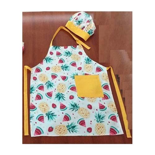 Şapkalı Mutfak Önlüğü, Aşçı Önlüğü Seti (Yetişkinler İçin) - v17 Sarı Ananas