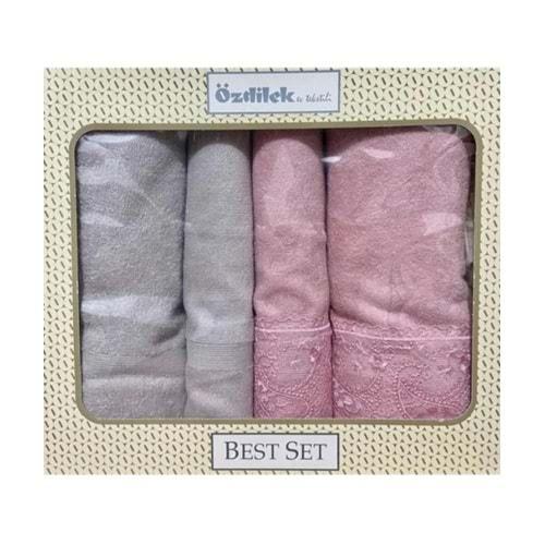 Özdilek 4 Parça Best Hamam Seti, Banyo Havlu Takımı-Fidelya A.Gri Pembe