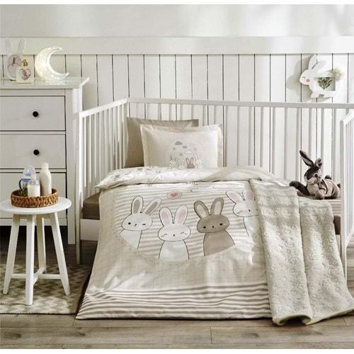 Özdilek Ranforce Bebek Battaniyeli Nevresim Takımı-Hello Rabbit Bej