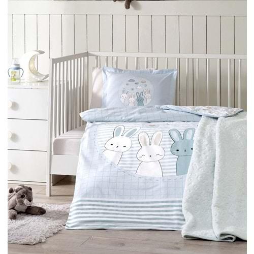 Özdilek Ranforce Bebek Battaniyeli Nevresim Takımı-Hello Rabbit Mavi