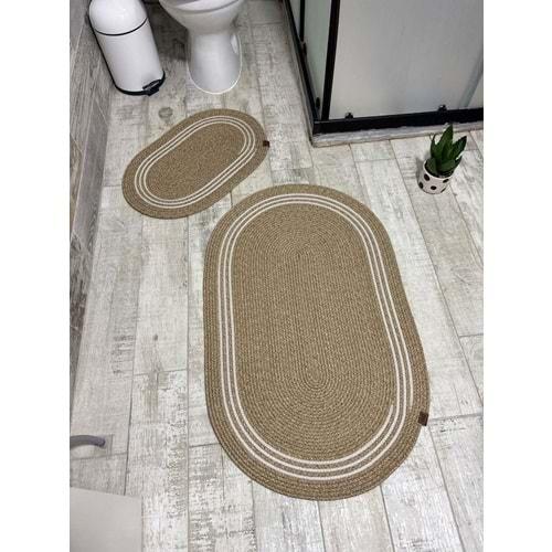 Jüt Hasır 2li Banyo Paspas Takımı-Bej Ortası Aralıklı Beyaz