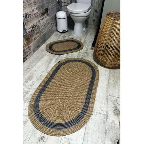 Jüt Hasır 2li Banyo Paspas Takımı-Bej Ortası Gri