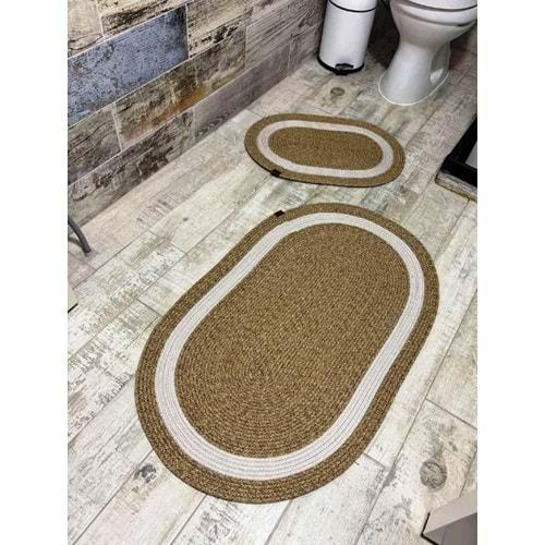 Jüt Hasır 2li Banyo Paspas Takımı-Bej Ortası Beyaz