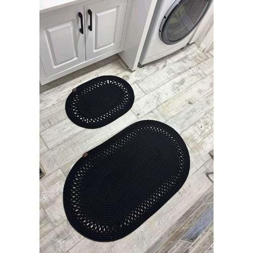 Jüt Hasır 2li Banyo Seti Paspas Takımı-Siyah Trikotlu