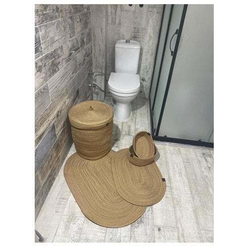 Jüt Hasır 5li Banyo Seti, Çamaşır Sepeti, Paspas Takımı, Oval Sepet-Düz Kırçıllı