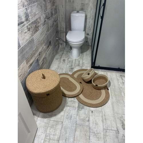 Jüt Hasır 5li Banyo Seti, Çamaşır Sepeti, Paspas Takımı, Oval Sepet-Krem Çizgili v2