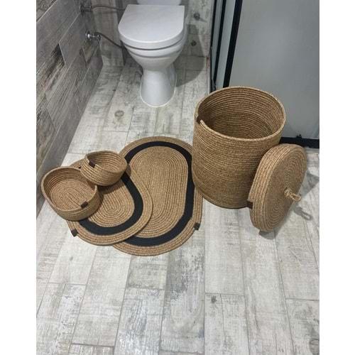 Jüt Hasır 5li Banyo Seti, Çamaşır Sepeti, Paspas Takımı, Oval Sepet-Siyah Çizgili