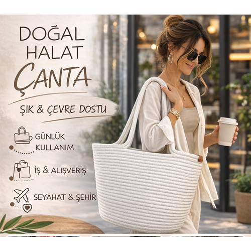 Doğal Hasır Jüt El Örmesi Günlük Kullanım ve Plaj İçin Uygun Bayan Çanta-Beyaz