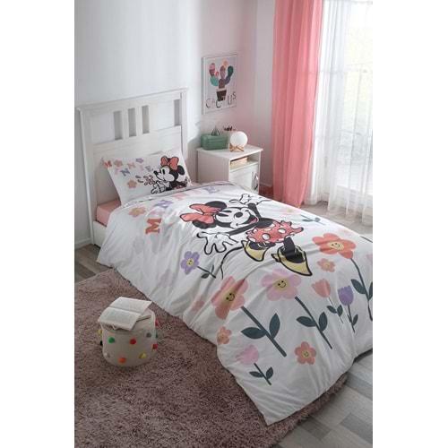 Özdilek Lisanslı Fitted Çarşaflı Tek Kişilik Çocuk Nevresim Takımı-Minnie Flowers Beyaz