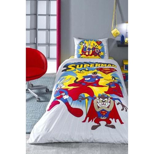Özdilek Lisanslı Fitted Çarşaflı Tek Kişilik Çocuk Nevresim Takımı-Looney Tunes Superman Sarı