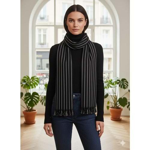 Mira Likralı Viskon El Dokuma Şal 40*199 CMSiyah/ Beyaz