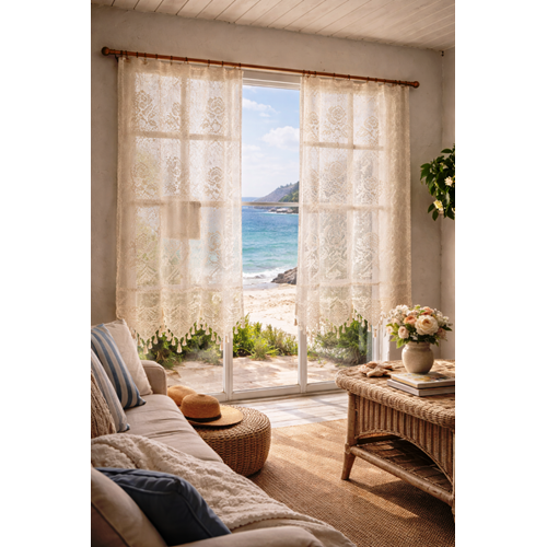 Buldan Tül Perde El İşi Dantelli Gül Desen Rustikli 2 Parcalı (250x160)