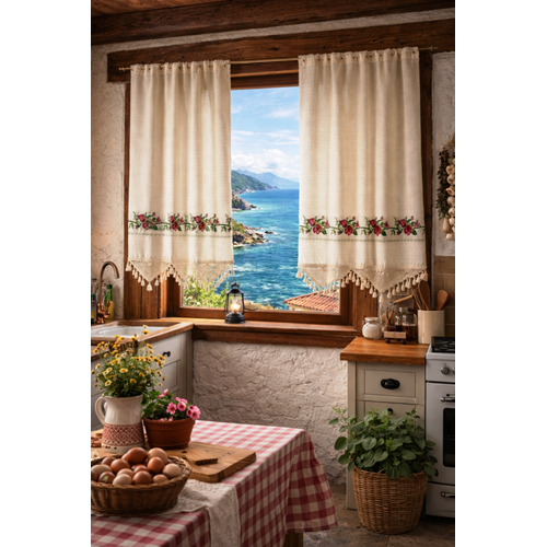 Mandaş Buldan Otantik Naturel Nakışlı Buldan Perde Rustikli 2 Parça 180*140