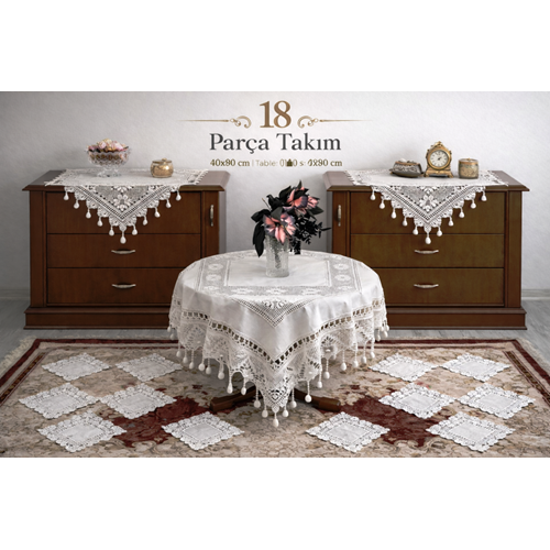 maraş işi el örme oda vitrin seti kanser model 17 parça beyaz