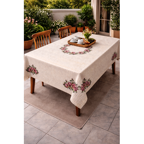 Mandaş Kanaviçe İşlemeli Hasır dokuma masa örtüsü 160*220 krem